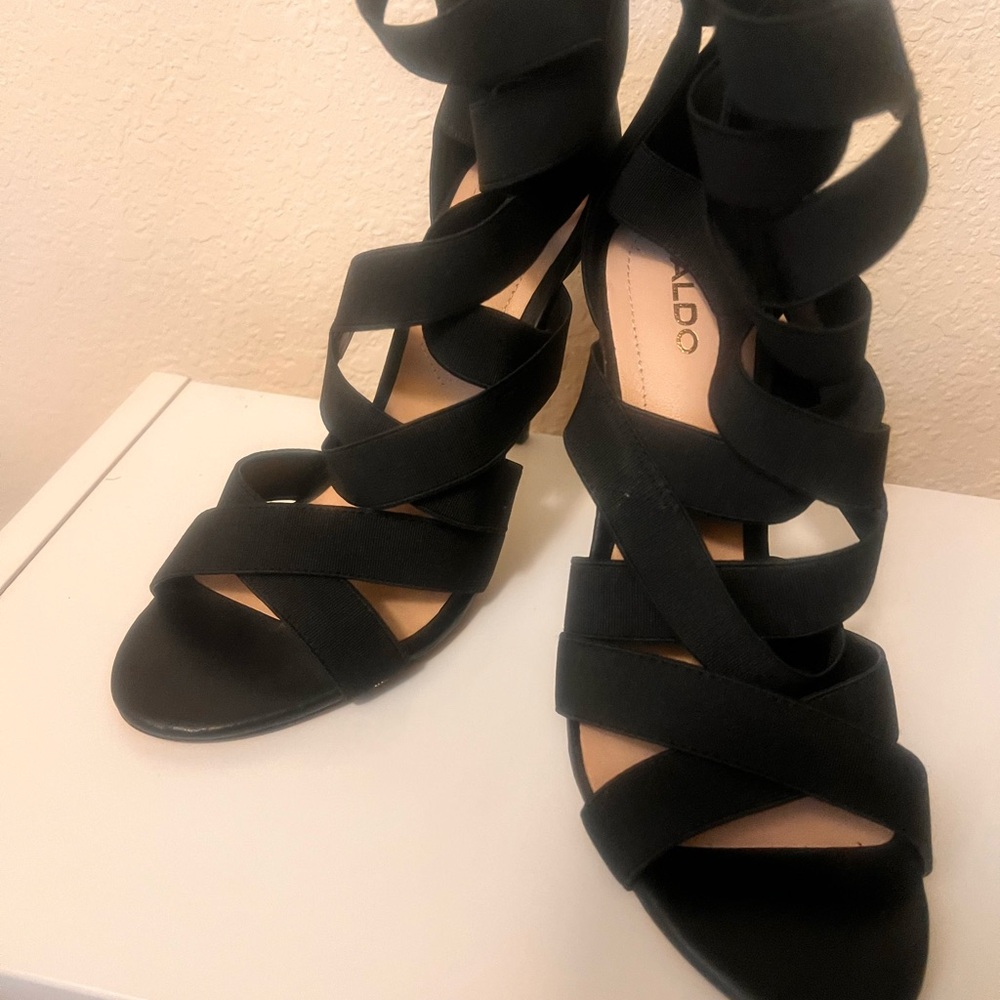 Aldo Black and White Heels with Strappy Design